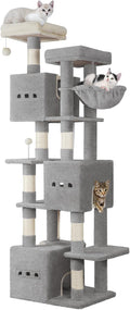 76" Cat Tree, Large Cat Tower for Indoor Cats, Multi-Level Cats House Furniture with 2 Platforms, 3 Condos, 7 Scratching Posts, 1 Basket, 3 Caves, Pompoms, Light Grey MS19218LG