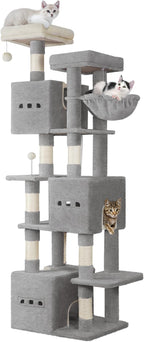 76" Cat Tree, Large Cat Tower for Indoor Cats, Multi-Level Cats House Furniture with 2 Platforms, 3 Condos, 7 Scratching Posts, 1 Basket, 3 Caves, Pompoms, Light Grey MS19218LG