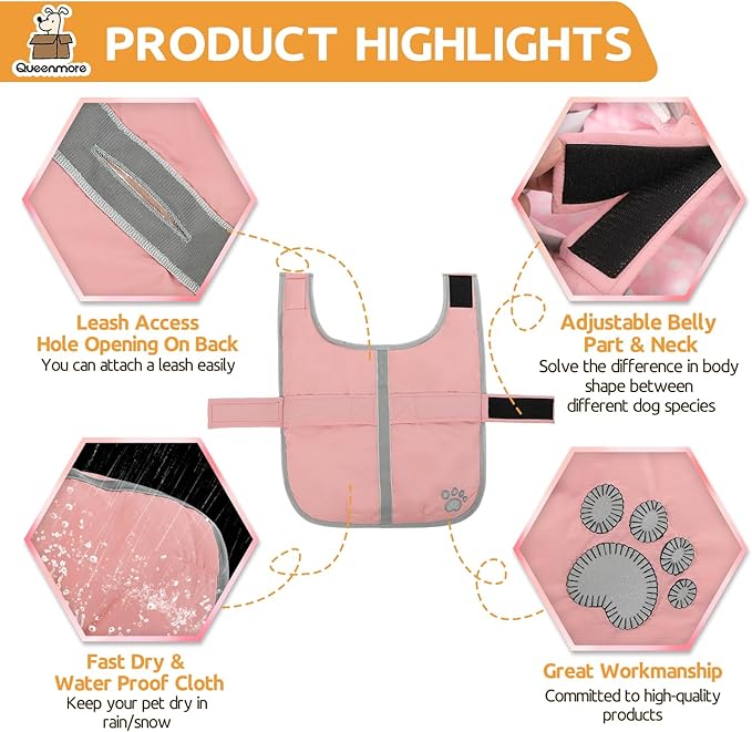 Queenmore Dog Winter Coat, Fleece Puffer Dog Down Vest, Cold Weather Pet Jacket for Dogs, Waterproof Reflective Reversible Dog Sweater Clothes for Small, Medium and Large Dogs (Light Pink, L)
