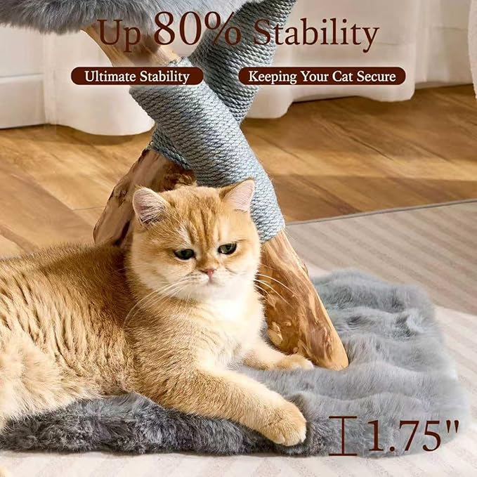 HITTITE Natural Wood Cat Tree Tower with Scratching Post, 32 Inches Tall Modern Cat Tower with Cozy Bed and Platforms, Luxury Real Branch Cat Tree for Indoor Cats Large Adult, Grey.