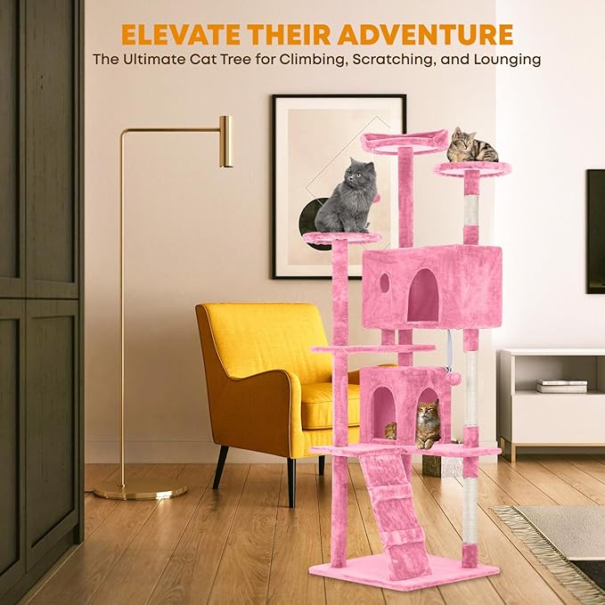 70in Cat Tree for Indoor Cats, Cat Tower with Cat Scratching Post, Multi-Level Cat Furniture, Cat Tower with Funny Toys for Kittens-Pink