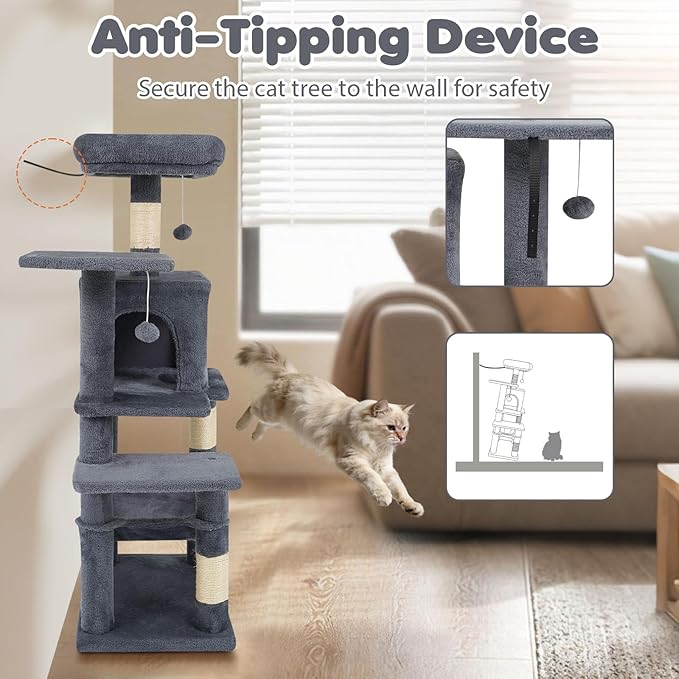 Tangkula Cat Tree Tower, 44 Inch Multi-Level Cat Tower with Sisal Scratching Posts, 2-Door Condo, Padded Top Perch & Hammock, 2 Hanging Balls, Jumping Platforms for Indoor Cats (Gray)