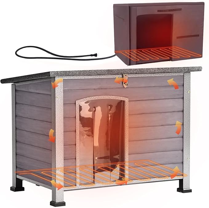 Aivituvin Heated Dog House Outdoor Dog Kennel with Insulated Liner All-Around Iron Frame Large Dog Cage for Small & Medium Dogs,33.5"