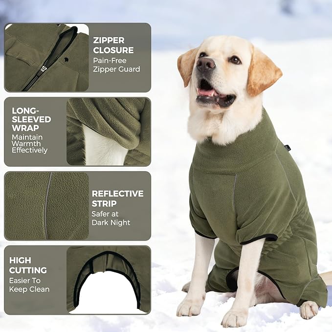 Mihachi Dog Snow Suit Dog Coat Soft Fleece Pullover Pajamas, Pet Windproof Warm Cold Weather Jacket with Zipper, Reflective Jumpsuit Apparel Outfit Clothes for Medium Dog, Army Green SM