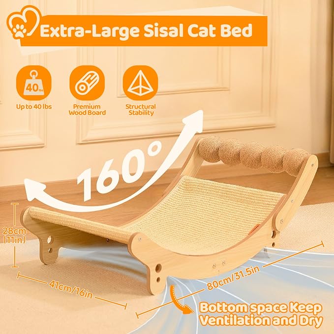 Cat Scratcher Bed - 31.5 inch Cat Scratching Pad with Large Cats Hammock Sisal Scratch Post Toy Ball,for Indoor Cats Scratching Pad, Protects Furniture,Kittens Gifts