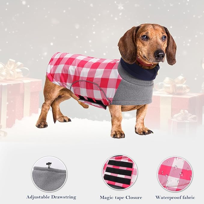 Dog Winter Coat,Dachshund Clothes,Waterproof Miniature Dachshund Jacket,Small Dogs Coat with Harness Hole,Doggie Jumper with Turtle Neck,Pet Dog Clothes British Style-Pink Plaid-M