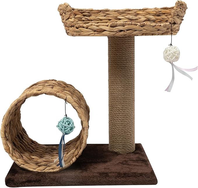 Double-Decker Cat Tree with Cat Tunnel & Perch, Sisal Scratching Post & Toy Balls, Modern Brown 15.7x12.2x19.7inch, Space-Saving Design