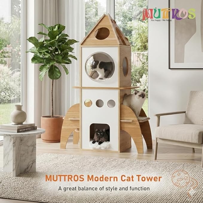 Modern Cat Tree Rocket Shape,54" Wood Cat Tower Multilevel for Indoor Cats, Cat Furniture with 3 Condos, Dangling Balls, Attic Perch