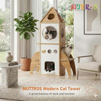 Modern Cat Tree Rocket Shape,54" Wood Cat Tower Multilevel for Indoor Cats, Cat Furniture with 3 Condos, Dangling Balls, Attic Perch