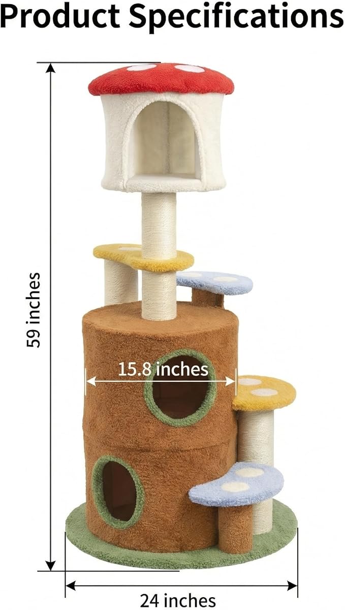 59” Mushroom Cat Tree with Large Condo & Multi-Level Platforms, Cat Tower with 2 Hideouts, Sisal Scratching Posts & Plush Perches, Tree-Trunk Design, 24” Wide Base (Mushroom-AA)