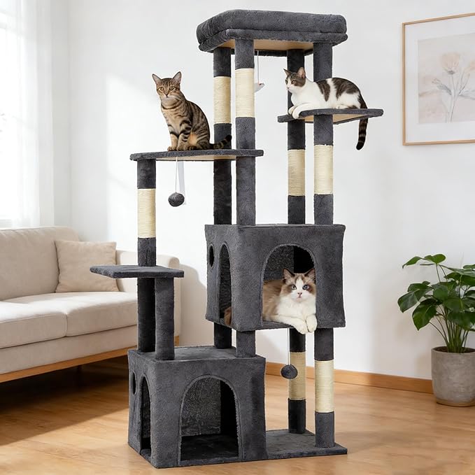 Cat Tree 61" Tall, Sisal Wrapped Scratching Post, Cat Nest, Hanging Ball, Extended Platform