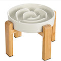 Elevated Slow Feeder Dog Bowl - Ceramic Food Dish with Bamboo Stand - Raised Maze Design - Ideal for Medium to Large Dogs - Milky White - 8.4 inch
