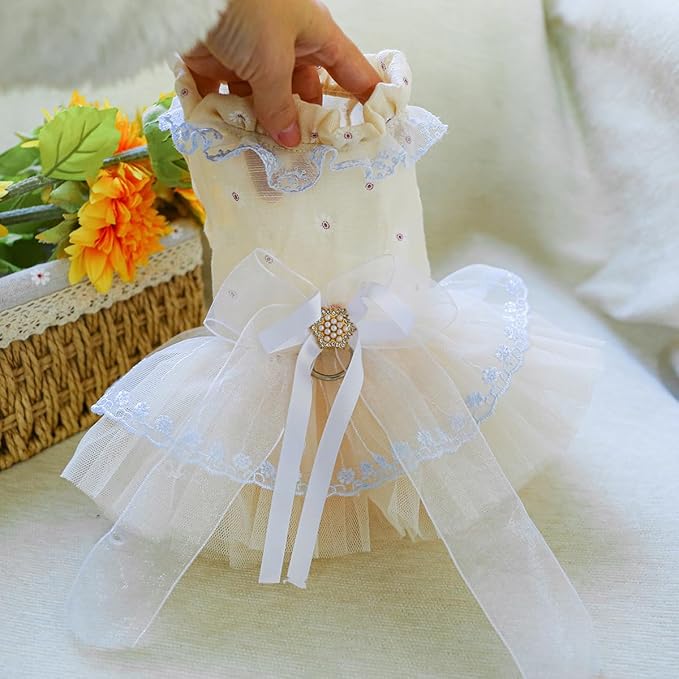 Fashion Sweet Puppy Dog Blingbling Princess Skirt Pet Dog Lace Cake Camisole Tutu Dress F-Champagne S