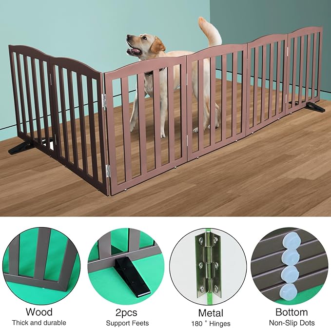 Freestanding Dog Gate Indoor,Doggie Gate Foldable Pet Gates for Doorways,Stairs or Hallways, Wooden Brown Pet Gate for the House, Pet Fence with Support Feet Included,32 "Height-6 Panels