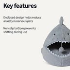 Amazon Basics Cat House Shark Shape Cat Cave Bed for Indoor Cats, Cat Tent with Washable Cushioned Pillow, Kitten Lively Bed, 17x16x14 in,Grey