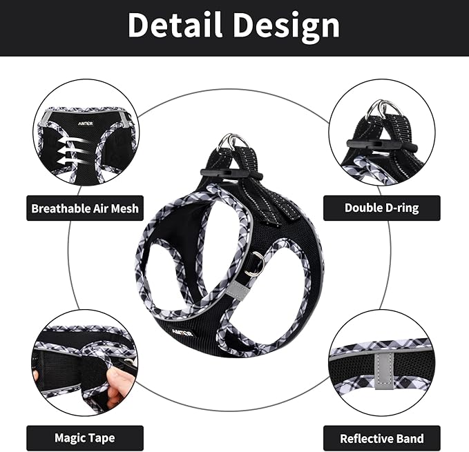 AMTOR Small Dog Harness with Leash Set, No Escape Easy Walk Puppy Harnesses for Training Walking, Step-in Reflective Soft Dogs Vest for XS S Medium Extra-Small Large Sized Dog(Black/GreyWhite,Small)