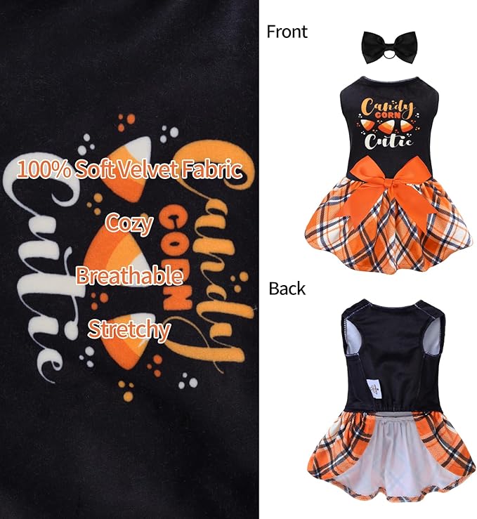 CuteBone Halloween Dog Dresses Velvet Holiday Small Dogs Clothes Onesie Pet Apparel Girl Puppy Skirt with Bow Hair Rope CVA45M-D