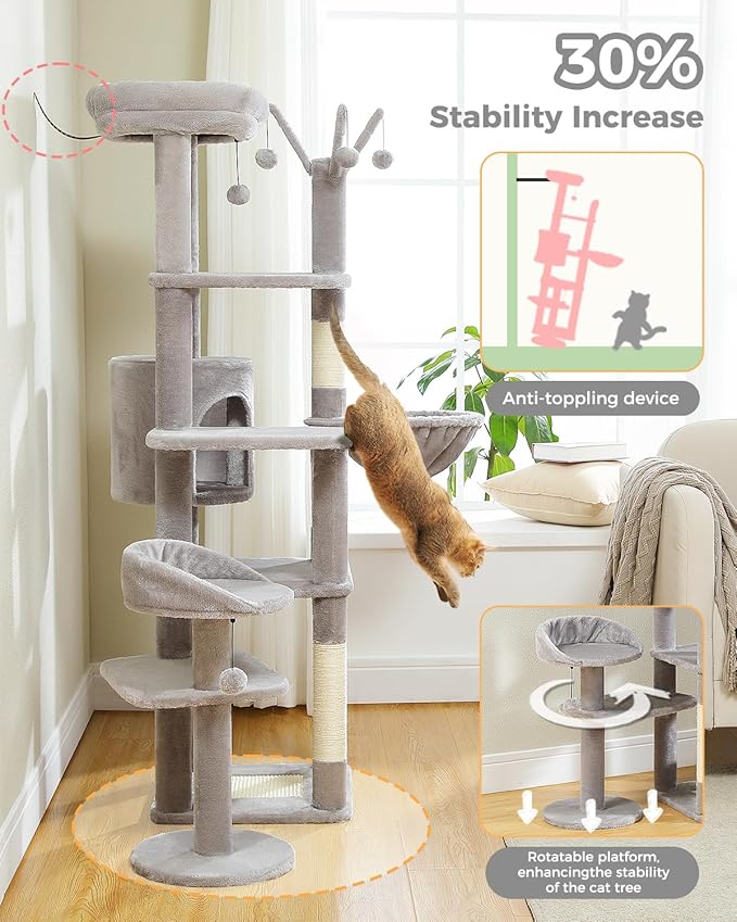 59" Cat Tree, Tall Cat Tower for Large Cat, Multi-Level Tower with 3 Removable Pompom Sticks, Cat Tree for Indoor Cats, Condo with Large Hammock, Scratching Post, and 2 Perches, Grey