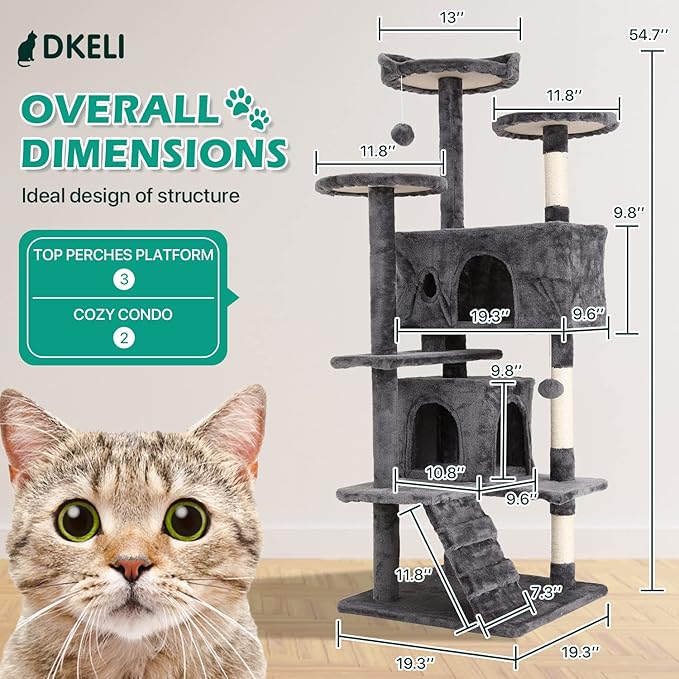 Cat Tree for Indoor Cats Cat Condo Cat Tower with Scratching Post Cat Tease Ball Perches Platform for Small and Medium Cats 54 Inch Multi-Level, Ashy