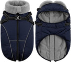 Queenmore Large Dog Coat,Dog Jacket for Extra Large Dogs with Harness Built in,Reflective Waterproof Dogs Jackets with Fleece Lining,Warm Snowsuit Pet Coats for Doberman,Labrador,NavyBlue,XXL