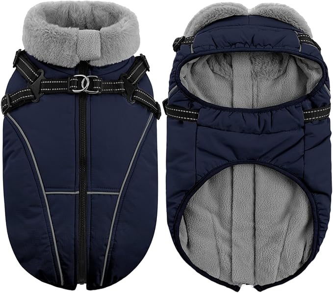 Queenmore Large Dog Coat,Dog Jacket for Extra Large Dogs with Harness Built in,Reflective Waterproof Dogs Jackets with Fleece Lining,Warm Snowsuit Pet Coats for Doberman,Labrador,NavyBlue,XXL