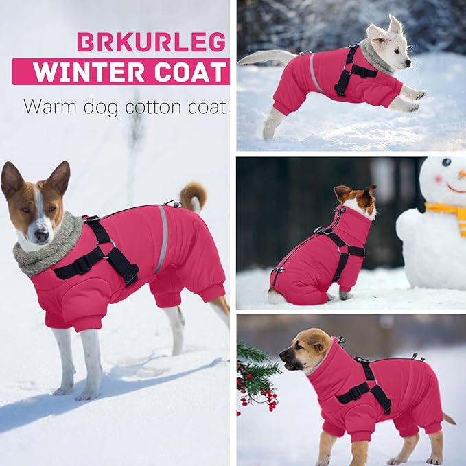 BRKURLEG Dog Winter Coat with Harness Built in, Winter Dog Jacket for Small and Medium Dogs, Small Dogs Snowsuit Reflective Windproof Cold Weather Coat, Puppy Warm 100% Polyester Coats, Hot Pink, M