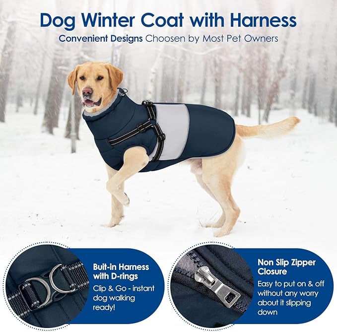 KOESON Large Dog Coat, Warm Dog Winter Coat Cold Weather Jacket with Built-in Harness and Reflective Straps, Windproof Pet Puffer Jacket Zip Up Fleece Vest for Pitbull, Husky, Navy Blue L