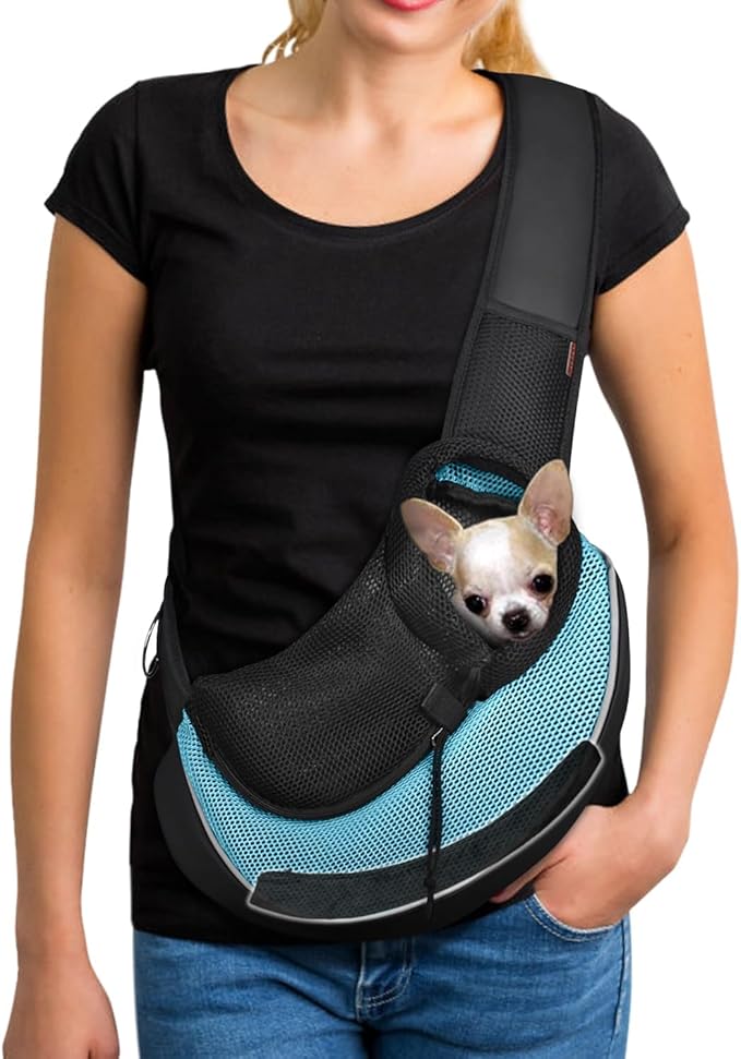 YUDODO Pet Sling Carrier for 5-9 lbs Small Dogs & Cats – Hands-Free Puppy Carrier with Safety Hook, Large Zipper Pocket, Soft Breathable Mesh, Adjustable Strap & Reflective Strip (Cyan 3.0 M)