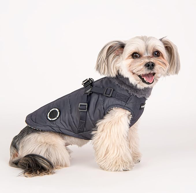 Puppia Donavan Winter Dog Coat with Integrated Harness No Pull Cold Weather Waterproof Warm Fleece Back Zipper for Small & Medium Dog, Grey, Large