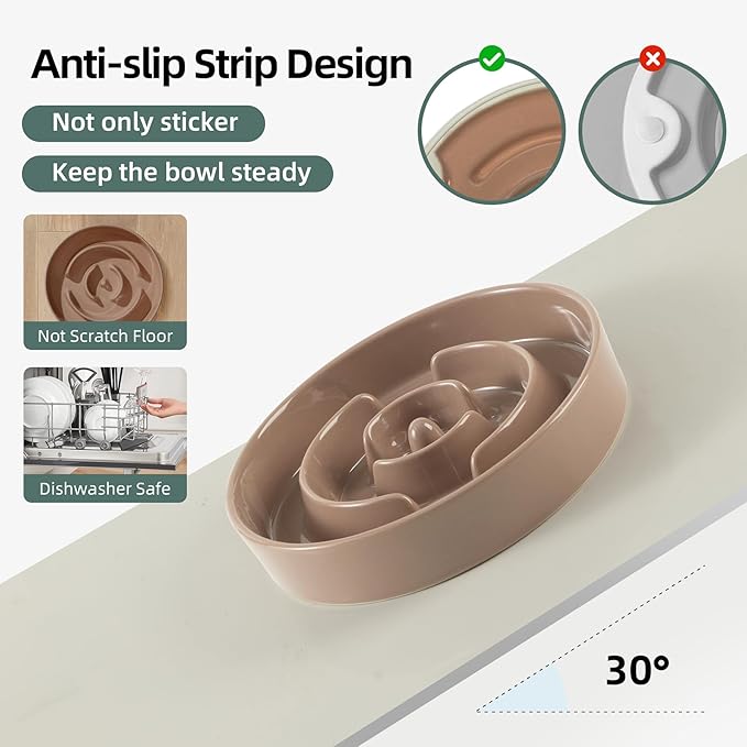 Ceramic 1.2 Cup Slow Feeder Dog Bowl for Medium and Small Breed, 7.3inch Puzzle Dog Food Dish, Anti-Gulping, Stop Bloat, Preventing Choking (Single Bowl-Brown Coffee)