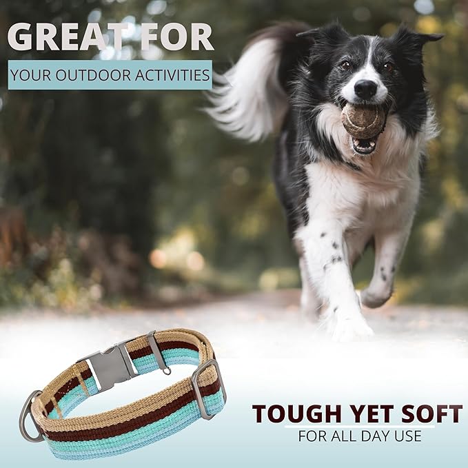 ADITYNA Cotton Dog Collar with AirTag Holder - Heavy-Duty Metal Buckle, Breathable, Easy Adjustable for Large & Extra-Large Breeds - for Walking, Training (Ocean Breeze, Fits 19-30" Necks)