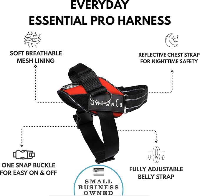 ShawnCo Essential Pro Dog Harness, No-Pull Pet Vest with 3 Leash Clips and Removable, Reflective Side Patches, Adjustable and Padded Harness for Small, Medium and Large Dogs (Mustang Red, L)