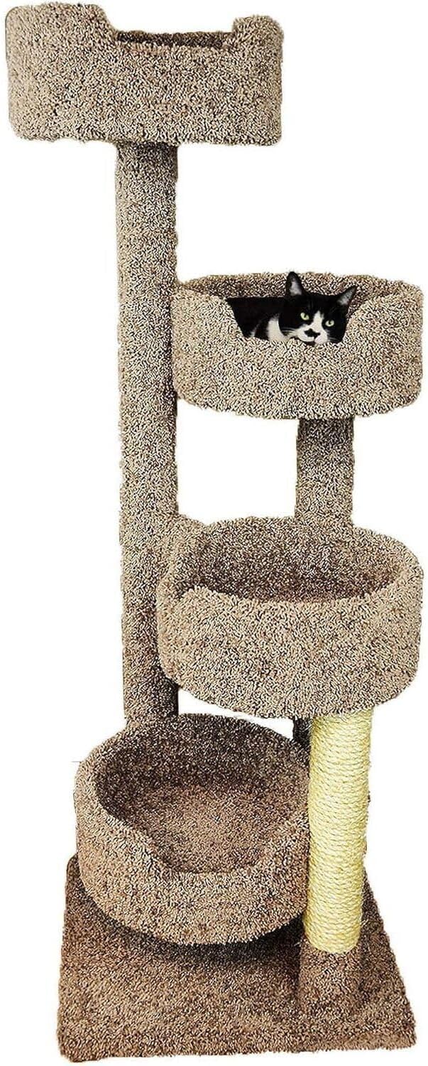 Maykoosh Rustic Recluse Large Cat Tower with Easy to Access Spacious Perches, Carpet Upholstered Cat Tree for All Cat Breeds, Multi-Perch Cat Tree with Sisal Rope Scratch Post Beige