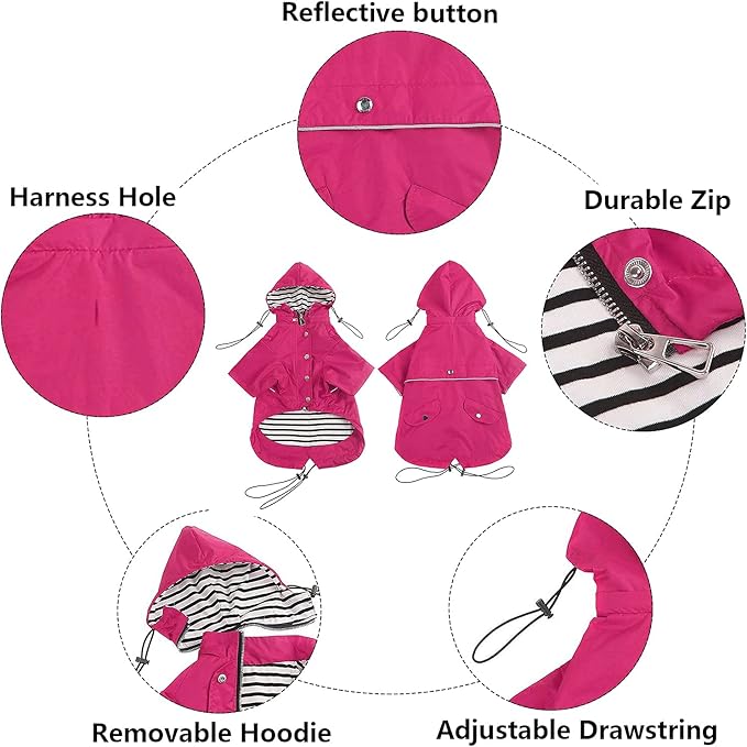 Morezi Dog Zip Up Raincoat with Reflective Buttons, Rain/Water Resistant, Adjustable Drawstring, Removable Hood, Raincoats with Legs 8lbs to 80lbs Available - Pink - S