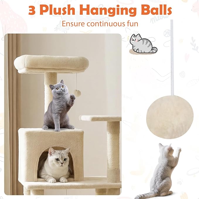 Tangkula 58 Inch Cat Tree Tower, Multi-Level Cat Tower with Sisal Scratching Posts, Padded Top Perch, Condo & Hammock, 3 Hanging Balls, Jumping Platforms for Indoor Cats (Beige)