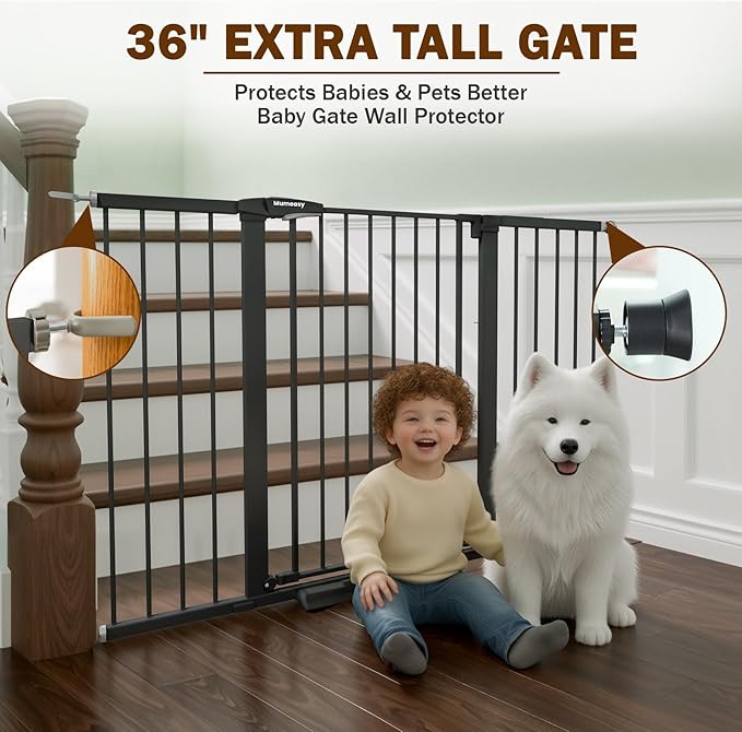 Mumeasy 36" Extra Tall Baby Gate for Doorways, 29.7"-57" Extra Wide Dog Gate for Stairs, Pressure Mounted Auto Close Pet Safety Gate with Easy Walk Thru Door, Large Indoor Child Gate for House, Black