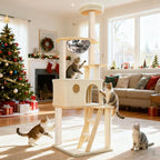 Solid Wood 65" Cat Tree Modern, Multi-Level Cat Tower for Indoor Cats, Sturdy Cat Tower with Hammock, Cozy Condo, Scratching Posts & Ladder