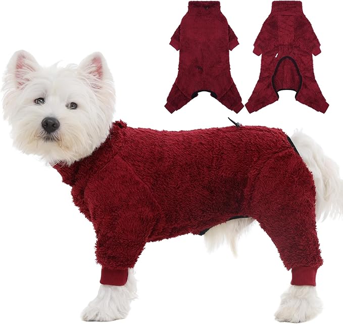 ROZKITCH Fleece Dog Pajamas with Four Legs, Super Warm Coral Velvet Jacket for Cold Weather, Turtleneck Pjs Snow Suit with Drawstrings & Leash Hole for Walk Hiking Red XS