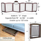 ZJSF Freestanding Dog Fence Indoor, Foldable Dog Gate for Doorways, Stairs or Hallways, Sturdy Wood Extra Wide Pet Gate with Support Feet for The House, Brown, 24 "Height-6 Panels
