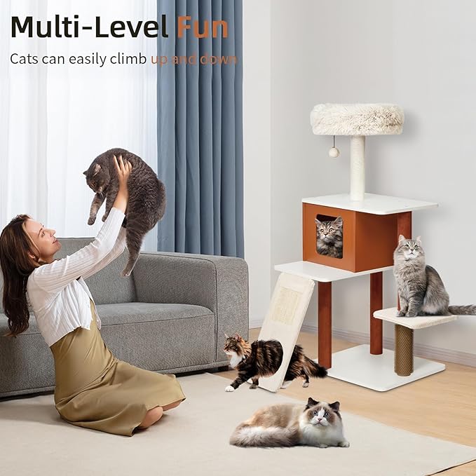 Modern Cat Tree for Large Cats - Multi-Level Activity Center with Sisal Scratching Posts, Plush Perch, Enclosed Condo & Hanging Toy, Sturdy Wood Design for Indoor Use (M)