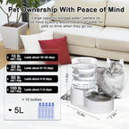 RIZZARI Dog Water Bowl Dispenser: 5L Large Stainless Steel Gravity Feeder - Leak-Proof - Detachable Bowl & Filter Instruction - Easy to Use for Busy Multi-Pet Owners with Small Puppies & Kittens