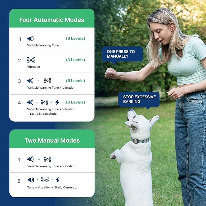 My Pet Command 2-1 Dog Bark Collar with 300Ft Fob Remote Tag. Smart AI Anti Barking Training Rechargeable 5 Sensitivity Levels, Beep Vibration, Shock (Optional). L,M,S Dogs Waterproof 2 Collar Kit
