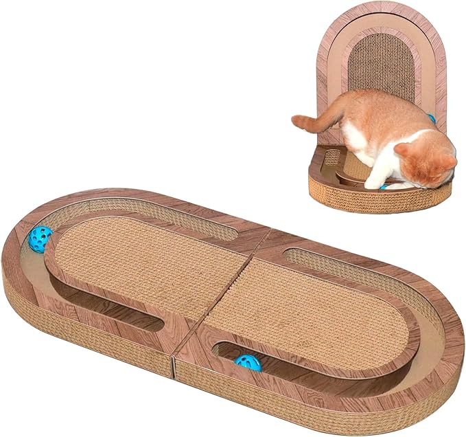 Cat Scratcher, 26 Inch Cat Scratching Post, Foldable L Shape Cat Scratch Pad with Ball Toy, Interactive Cat Toys for Indoor Cats