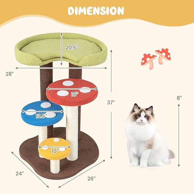 Giantex Cute Cat Tree - 37 Inches Mushroom Cat Tower with 3 Full-Wrapped Sisal Scratching Post, Padded Top Perch, Washable Mat, Multi-Level Cat Activity Tree for Indoor Cats Kitten