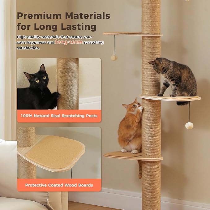 Floor to Ceiling Cat Tree for Indoor Cats, 5-Tier Adjustable Height (79-103 Inch) Sturdy Wooden Tall Cat Climbing Tower with 4.1" Thick Scratching Posts, Acrylic Cave, Non-Slip Pads & 3 Pompoms