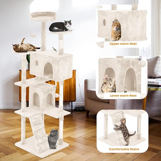 70in Cat Tree for Indoor Cats, Cat Tower with Cat Scratching Post, Multi-Level Cat Furniture, Cat Tower with Funny Toys for Kittens-Beige