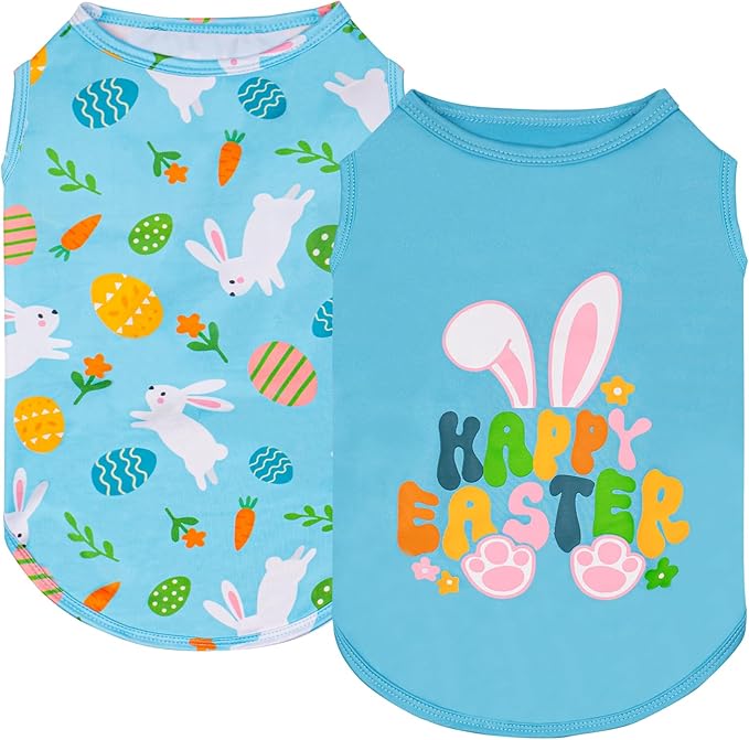 KYEESE 2Pack Easter Dog Shirt, Breathable Tank Top Sleeveless Dog T Shirts for Small Dogs Boy Girl, Lightweight Dogs Clothes Pet Outfit for Holiday, Blue+Bunny, L