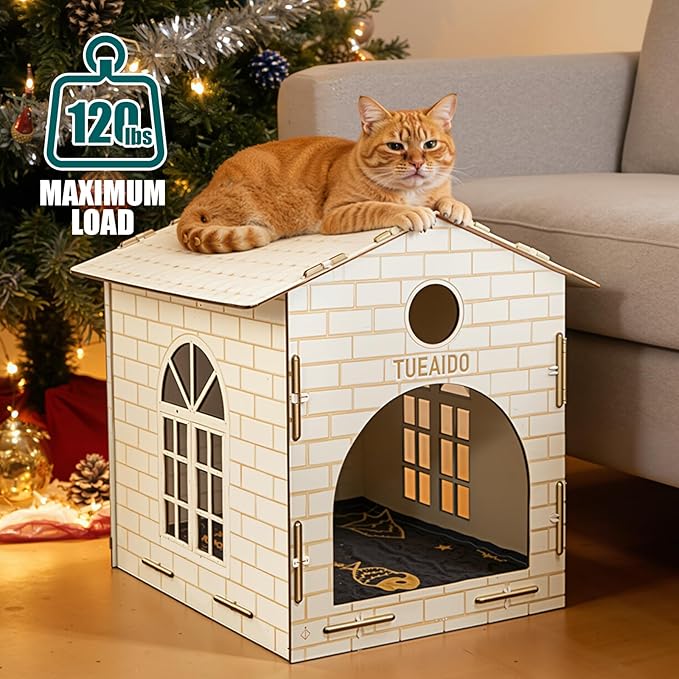 DIY Cat House Assembly cat Houses for Indoor Large Cat Cave Wood Cat Houses for Cats, Kittens, Small Dogs Cat Hideaway