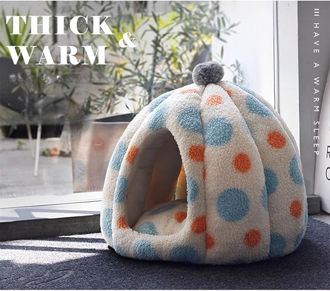 Cat Polka Dot Yurt Bed, Plush Warm Semi-Enclosed Cave Hideaway, Soft Comfy House for Indoor Kitten (Orange,Medium)