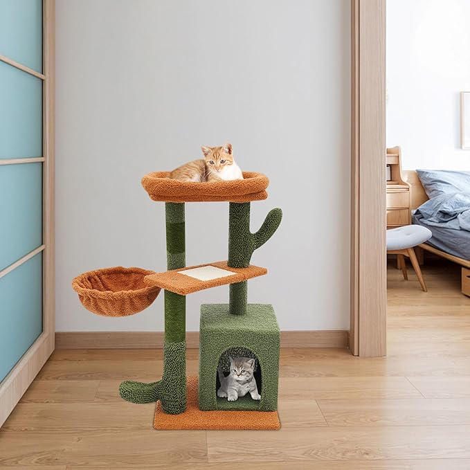 Cat Tree, 30.3in Cat Scratching Climbing Frame, Cactus-Shaped Cat Tree, Double Condos, Scratching Posts, Floor Mount, Soft Surface for Families, Pet Stores, Cat Houses,